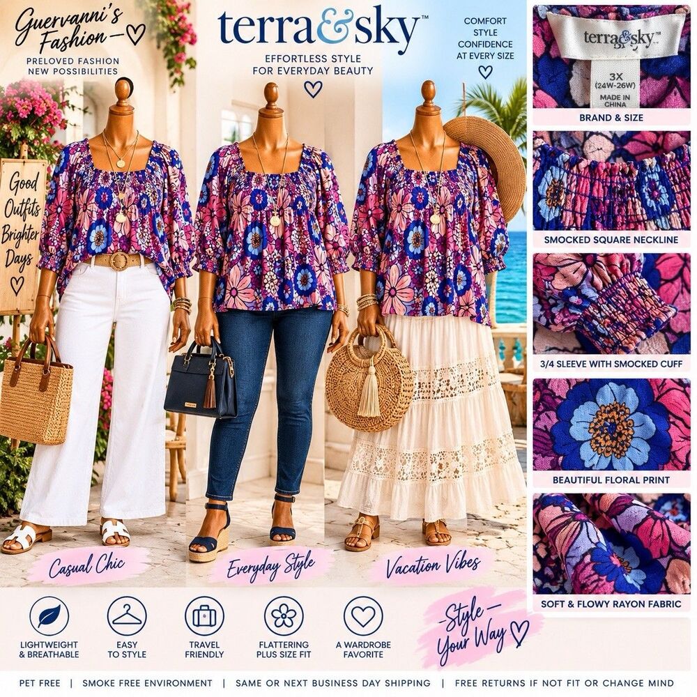 Terra & Sky Women's Plus 3X Multicolor Floral Smocked Round Neck Rayon Blouse